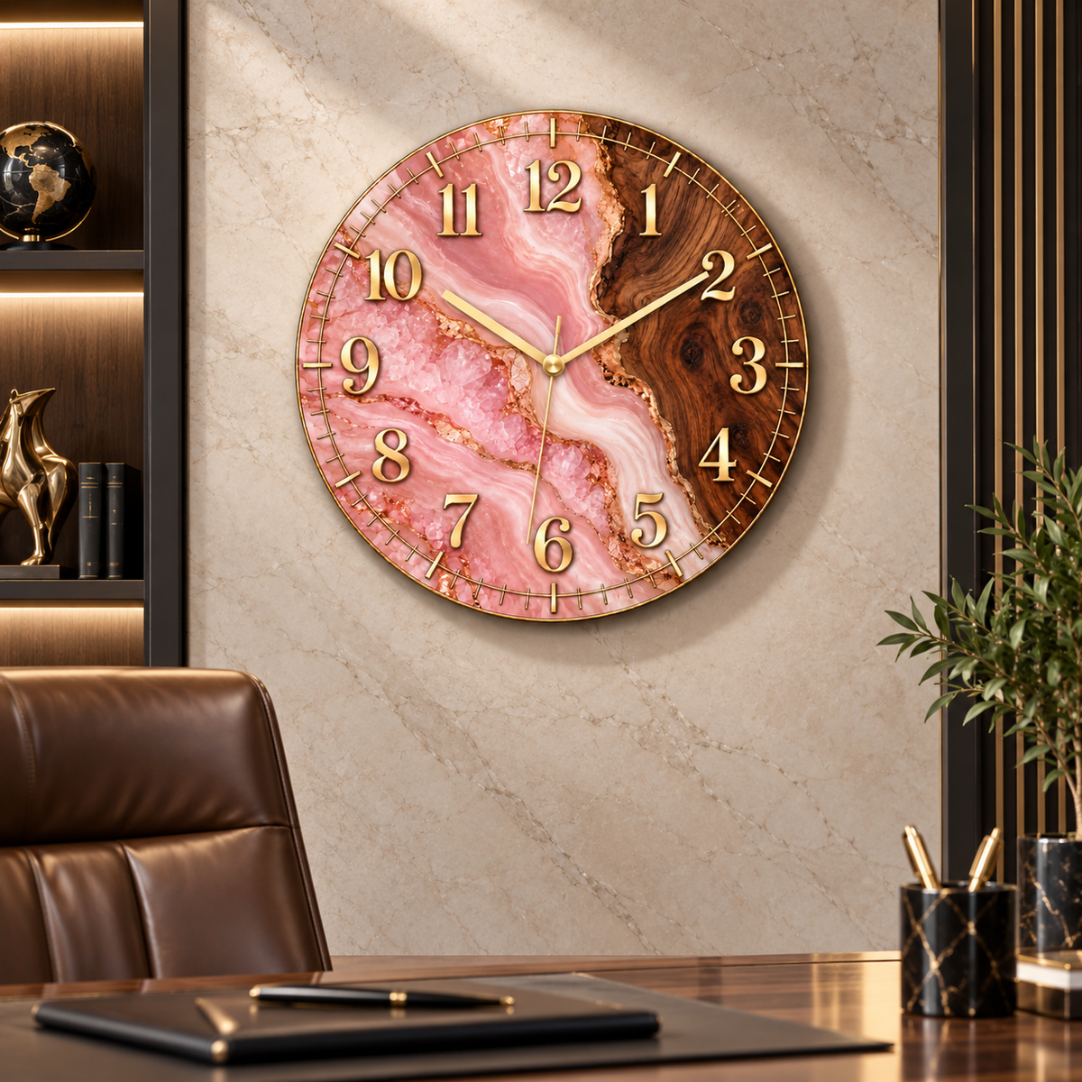 Pembe ve ahşap desenli gold cam duvar saatinin yönetici ofisinde görünümü