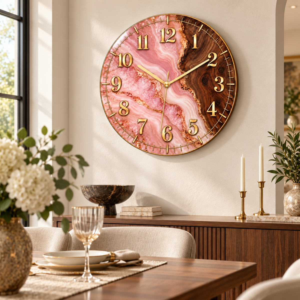 Pembe akik ve ahşap desenli gold cam duvar saatinin yemek alanında görünümü