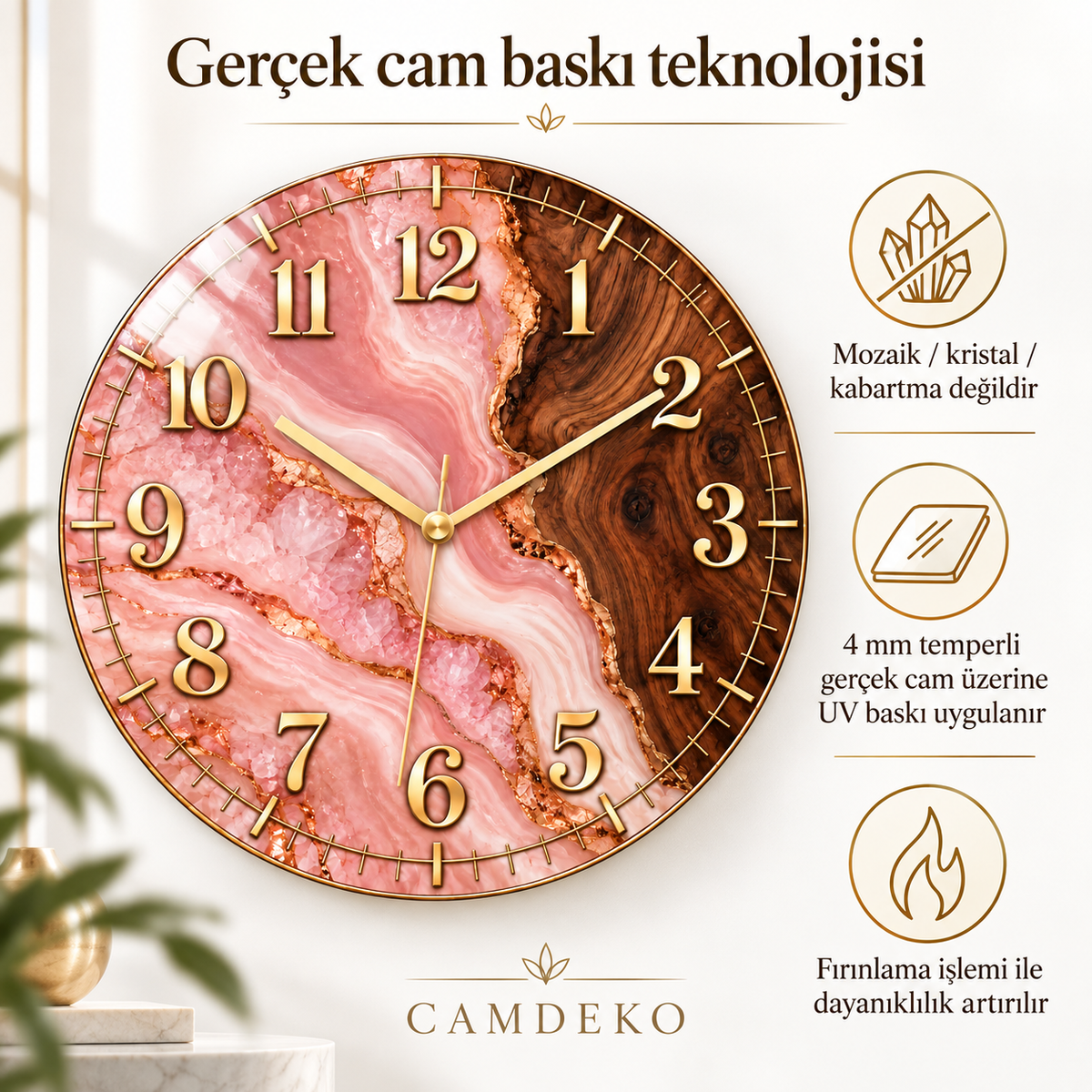 Pembe ahşap görünümün düz cam baskı olduğu, gerçek taş kristal kabartma veya reçine olmadığı; UV baskı sonrası fırınlandığı teknik açıklama
