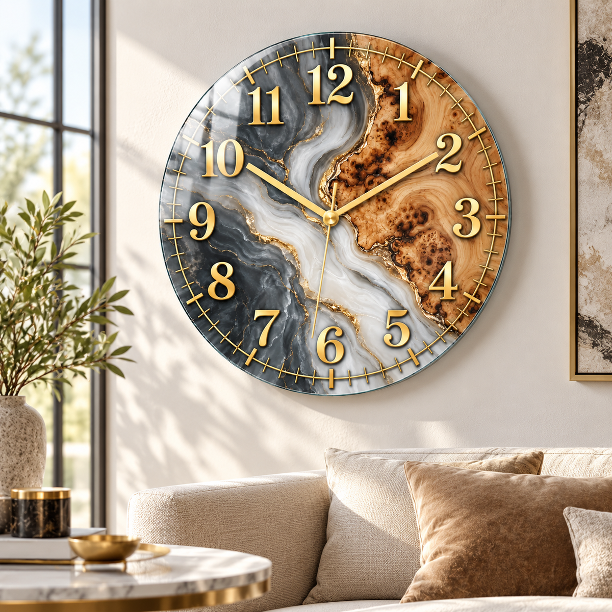 Gri mermer ve ahşap desenli gold cam duvar saatinin modern salonda görünümü
