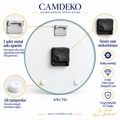 CAMDEKO standart saat arka detayı: yapıştırmalı metal askı aparatı, sessiz saat mekanizması ve iki beyaz denge tamponu