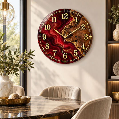 Bordo ve ahşap desenli gold cam duvar saatinin alternatif stüdyo görünümü