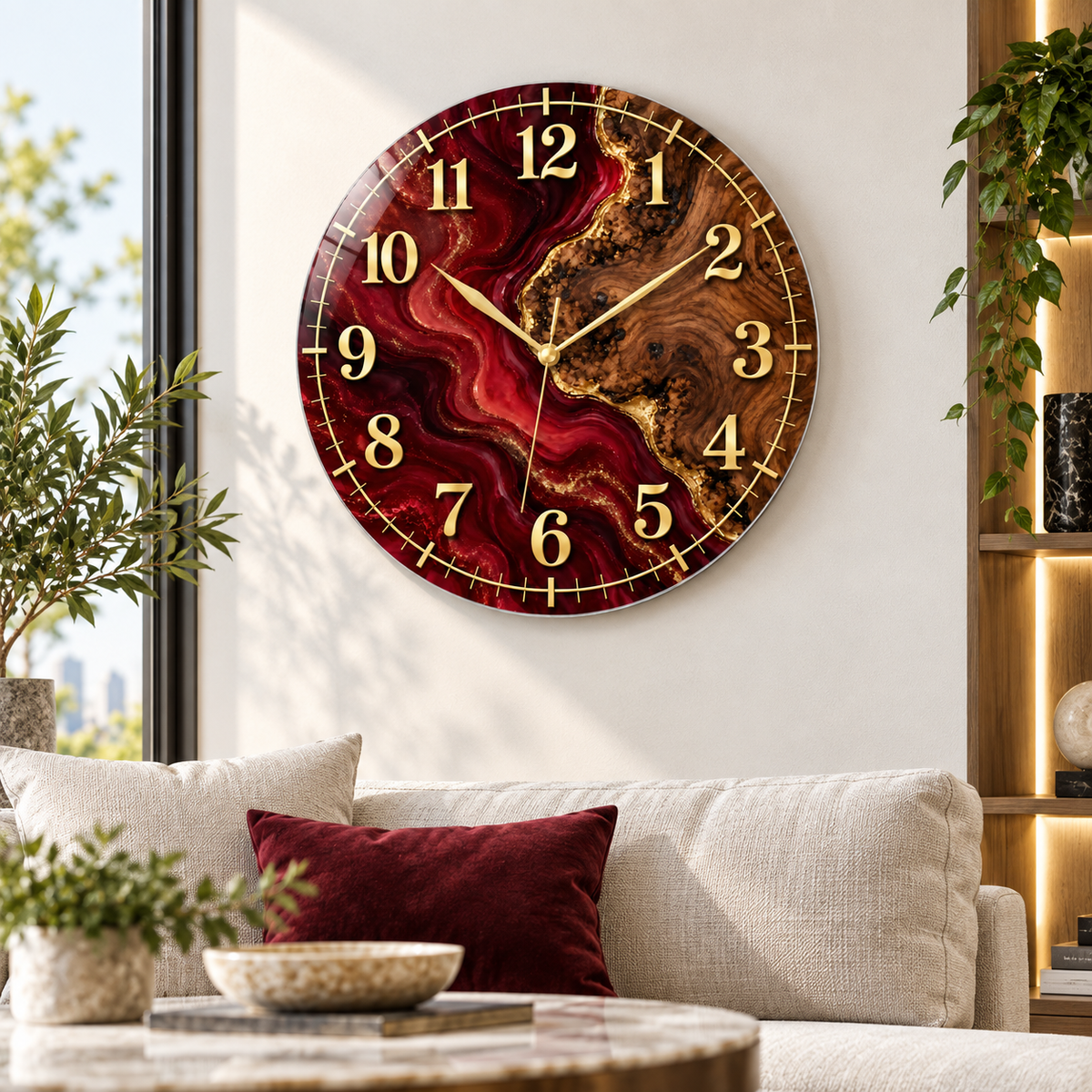 Bordo ve ahşap desenli gold cam duvar saatinin modern salonda görünümü