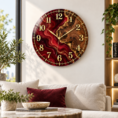 Bordo ve ahşap desenli gold cam duvar saatinin modern salonda görünümü