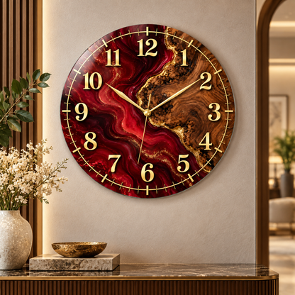 Bordo ve ahşap desenli gold cam duvar saatinin farklı premium mekanda görünümü