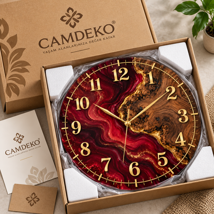 Bordo ve ahşap desenli gold cam saatin CAMDEKO koruyucu ambalaj ve köşe destekleriyle paketlenmesi