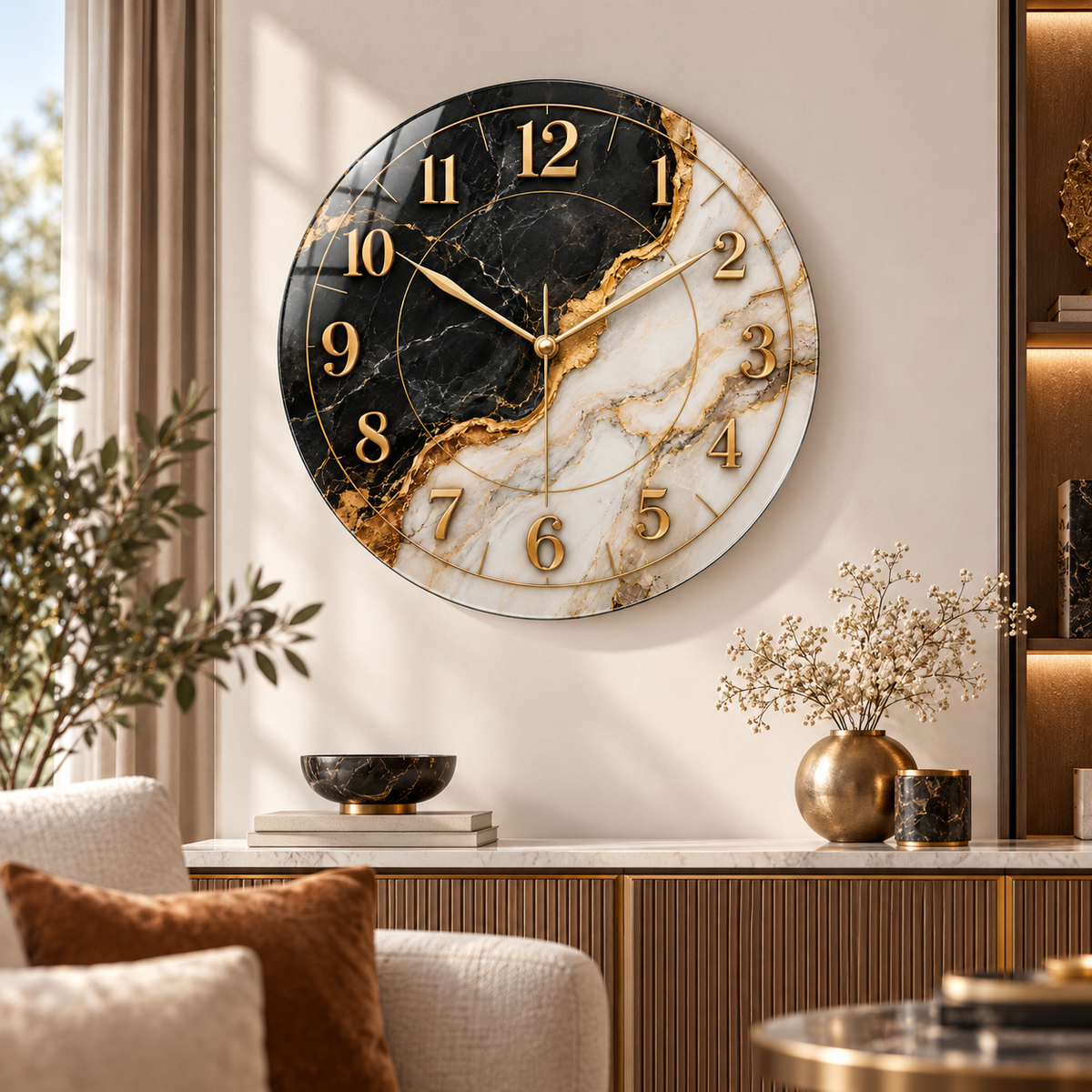 Siyah beyaz mermer desenli gold cam duvar saatinin modern salonda görünümü