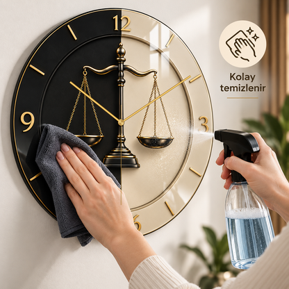 Adalet terazisi desenli cam saatin düz cam yüzeyinin mikrofiber bezle temizlenmesi