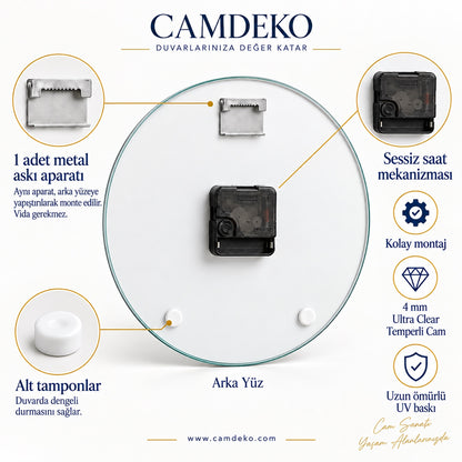 CAMDEKO standart saat arka yüzü; 1 adet yapıştırmalı tırtıklı metal askı aparatı, sessiz saat mekanizması ve iki beyaz denge tamponu