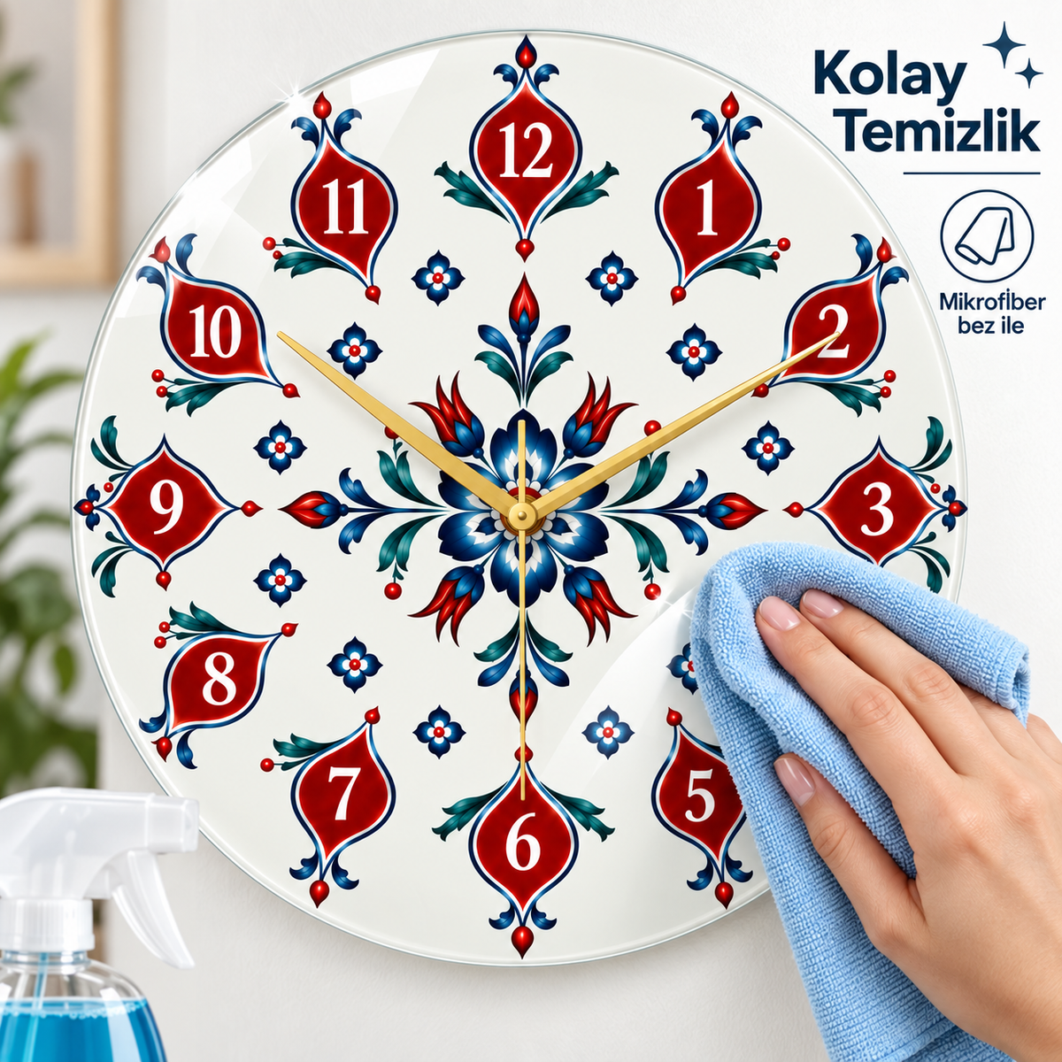 Kırmızı lacivert İznik desenli cam duvar saatinin mikrofiber bezle kolay temizlenmesi