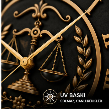 Siyah gold adalet terazisi saat düz cam UV baskı detayı