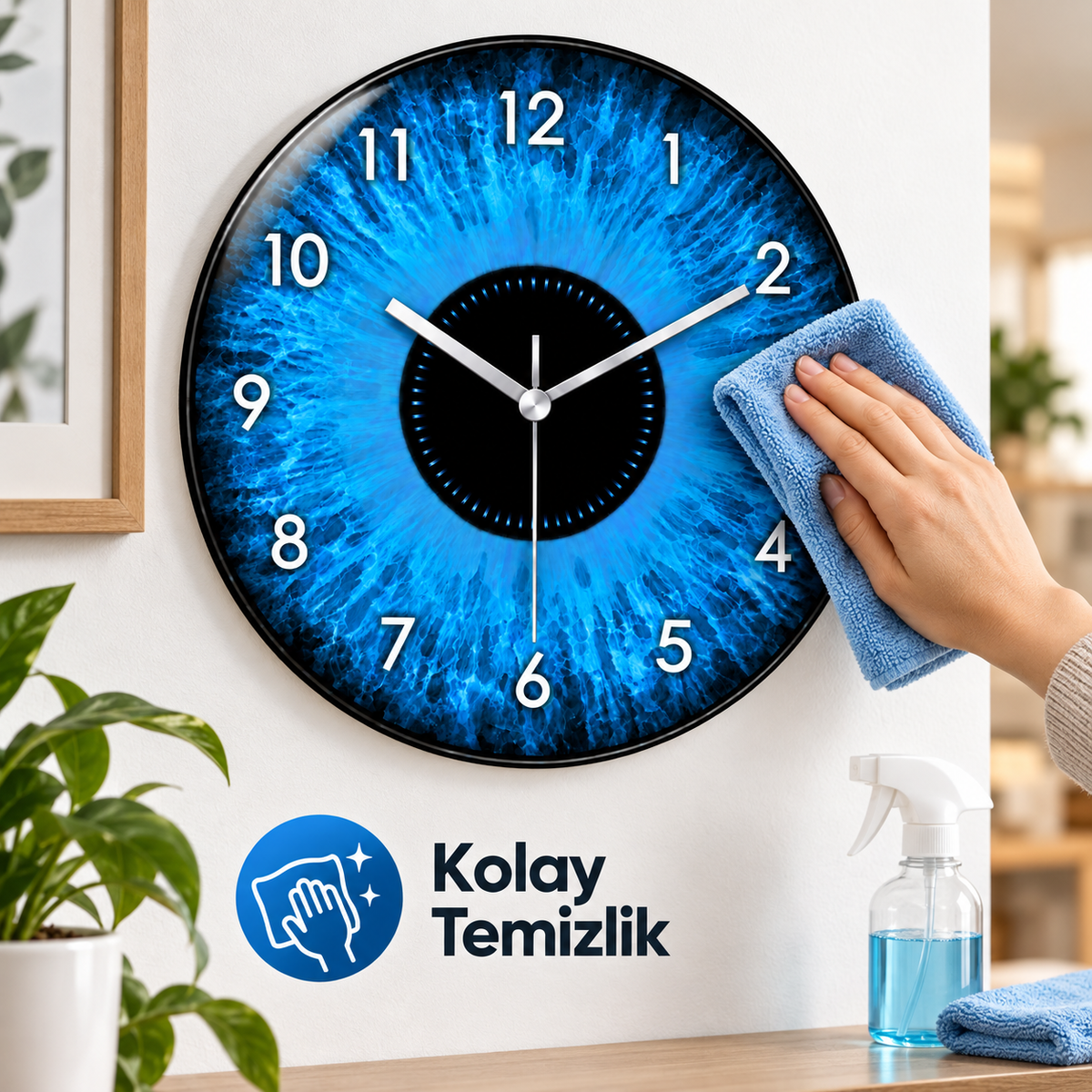 Mavi iris cam duvar saatinin mikrofiber bezle kolay temizliği