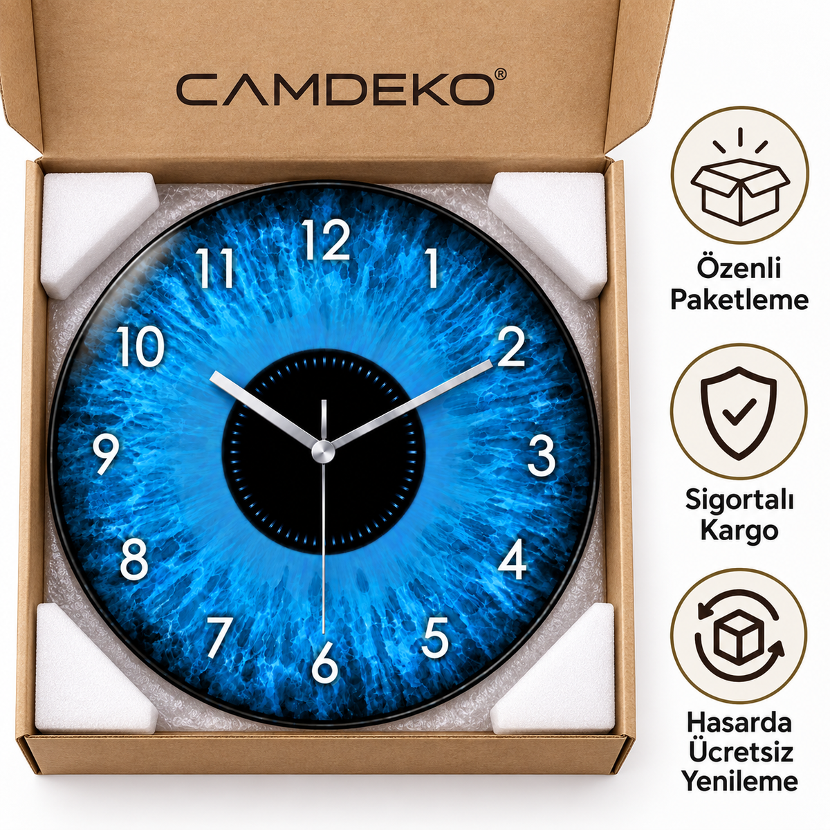 CAMDEKO mavi iris cam saat özenli paketleme sigortalı kargo ve hasarda ücretsiz yenileme