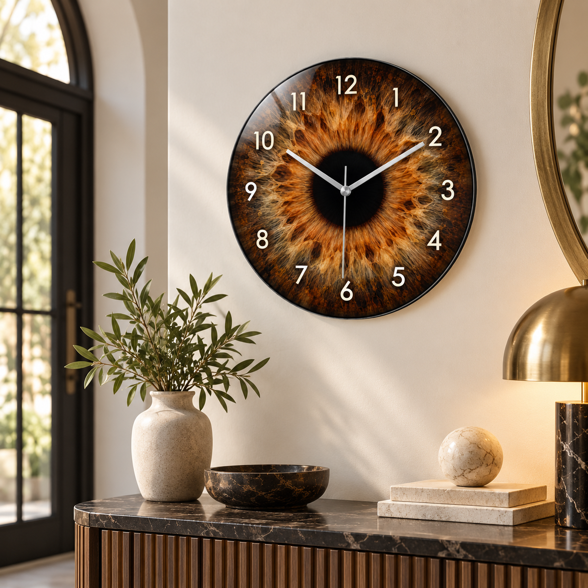 Amber kahverengi iris göz desenli cam duvar saati alternatif premium antre görünümü