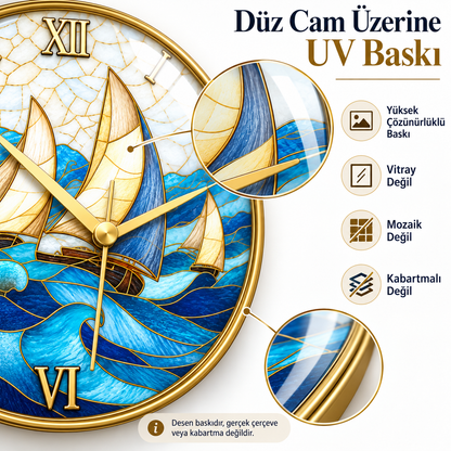 Yelkenli deniz desenli saatte düz cam üzerine yüksek çözünürlüklü UV baskı; desen çerçevesi baskıdır, gerçek çerçeve değildir