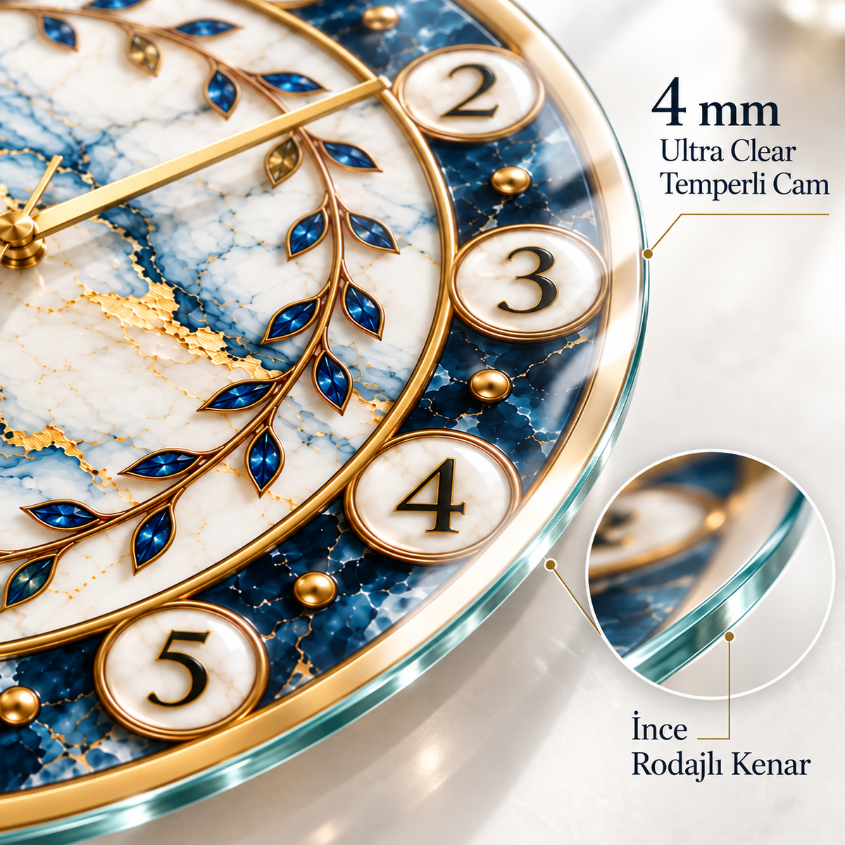 4 mm Ultra Clear temperli cam, rodajlı ince kenar ve düz cam yüzey detayı