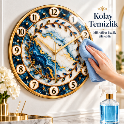 Mavi beyaz gold mermer desenli cam duvar saatinin mikrofiber bez ve cam temizleyiciyle kolay temizliği