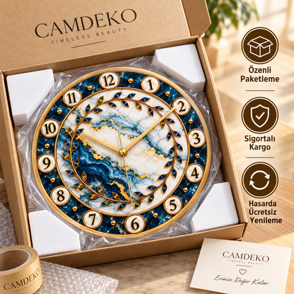CAMDEKO mavi beyaz gold mermer desenli cam saat özenli paketleme, sigortalı kargo ve hasarda ücretsiz yenileme