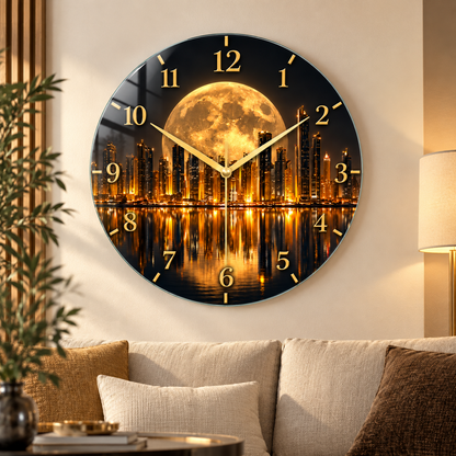 Gold ay ve gece şehir manzaralı cam duvar saatinin premium salon görünümü