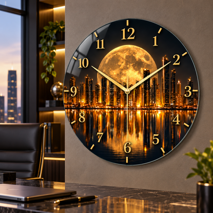 Gold ay ve gece şehir manzaralı cam duvar saatinin premium ofis görünümü
