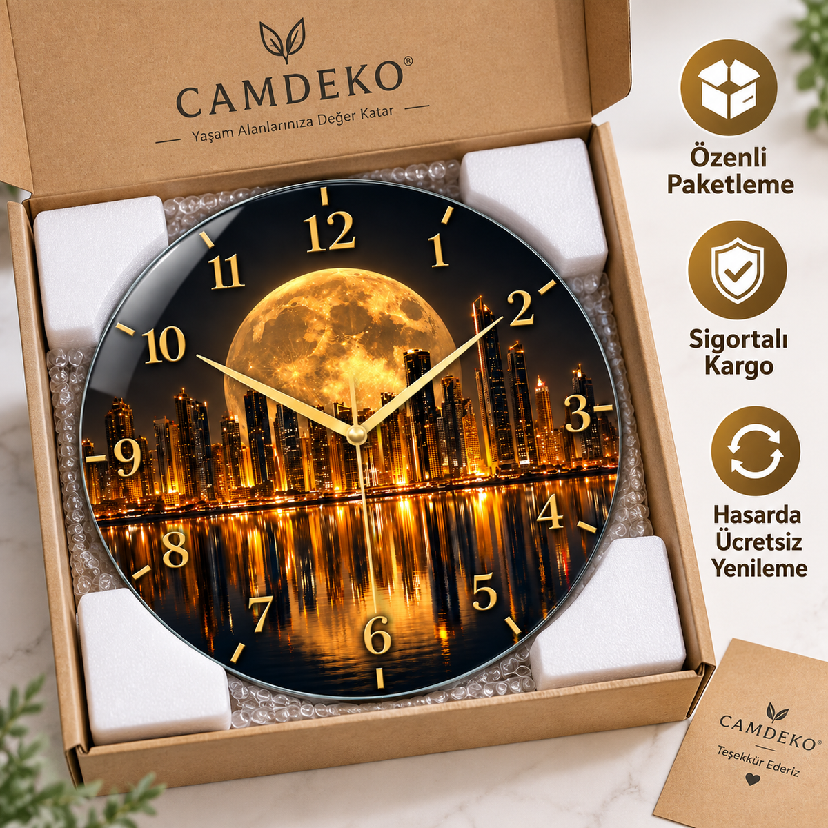 CAMDEKO ay ve şehir desenli cam saat özenli paketleme, sigortalı kargo ve hasarda ücretsiz yenileme