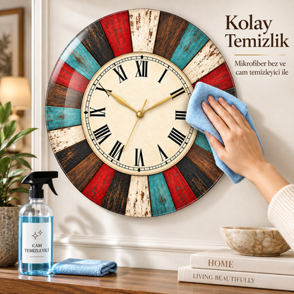 Rustik renkli ahşap görünümlü cam duvar saatinin mikrofiber bez ve cam temizleyiciyle kolay temizliği