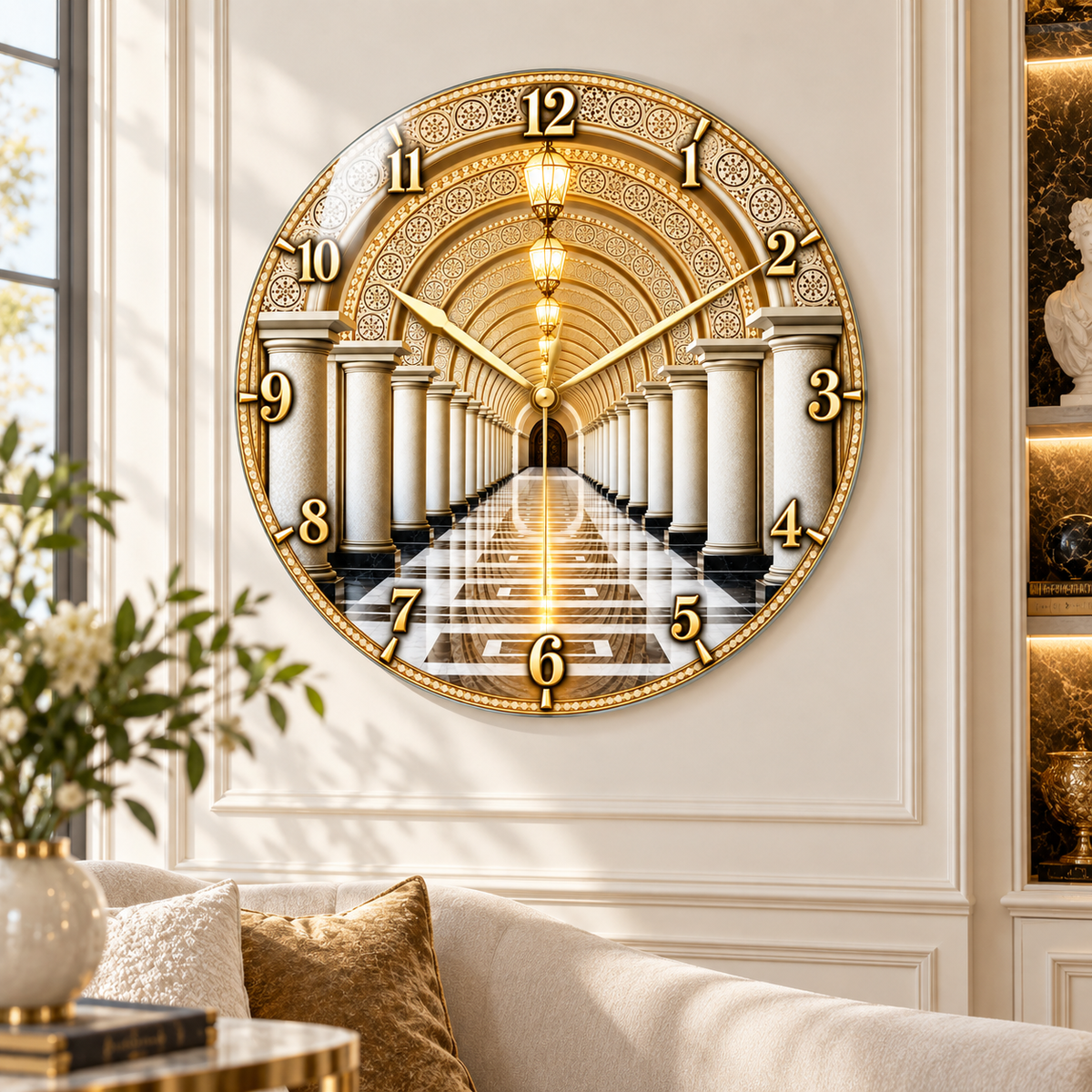 Gold kemerli sonsuz koridor desenli cam duvar saatinin premium salon görünümü