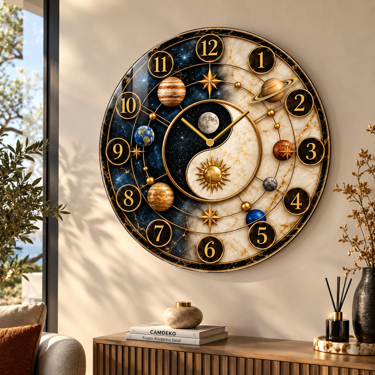 Yin Yang gezegen desenli cam duvar saatinin gold saat kollarıyla farklı premium mekân görünümü