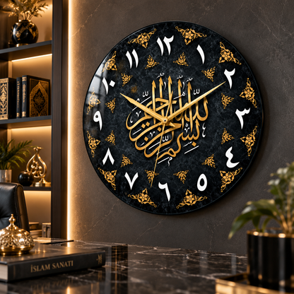Besmele Hat Sanatı Siyah Gold Cam Duvar Saati