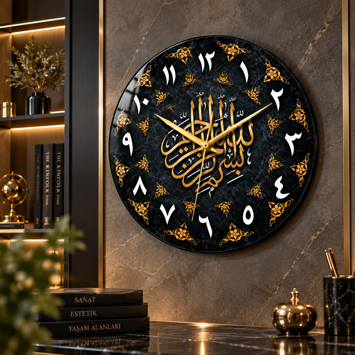 Besmele Hat Sanatı Siyah Gold Cam Duvar Saati