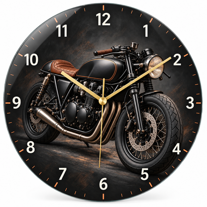 Siyah cafe racer motosiklet cam duvar saati beyaz zemin
