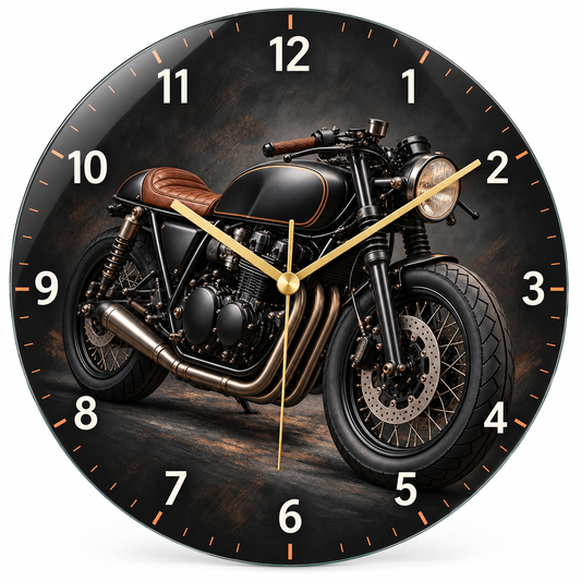 Siyah cafe racer motosiklet cam duvar saati beyaz zemin