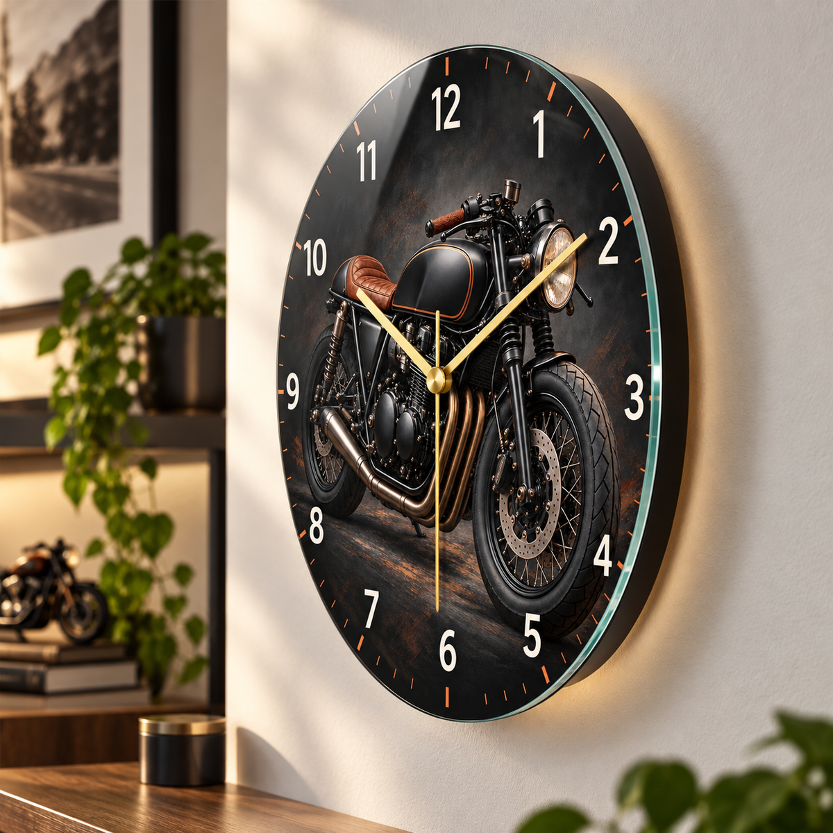 Siyah cafe racer motosiklet cam duvar saati yaklaşık 2 cm yüzer görünüm