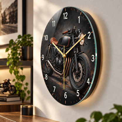 Siyah cafe racer motosiklet cam duvar saati yaklaşık 2 cm yüzer görünüm