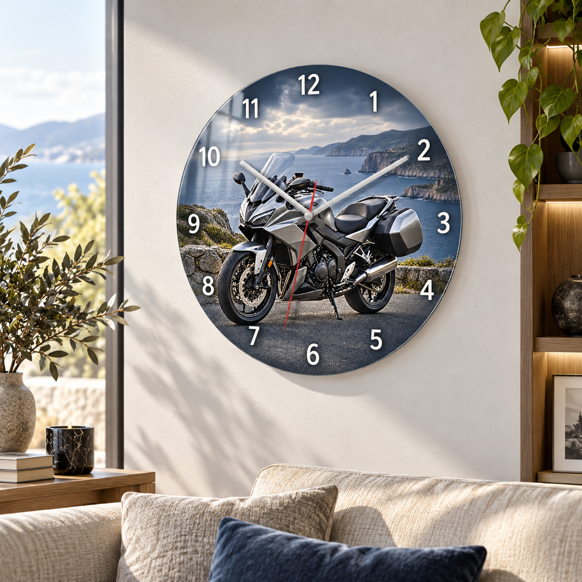 Gümüş touring motosiklet sahil manzaralı cam duvar saati premium salon