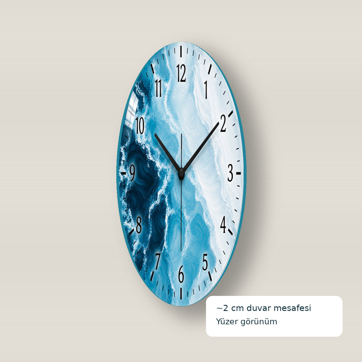 Okyanus desenli cam saat yaklaşık 2 cm duvar mesafesi