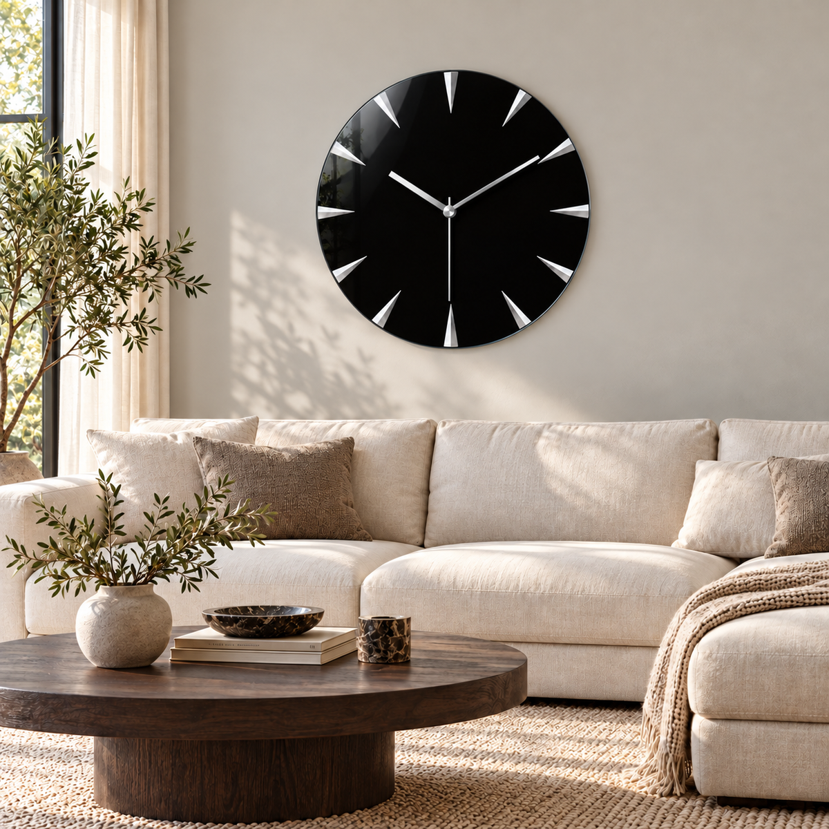 Gümüş kollu minimalist siyah cam duvar saati – Premium salon