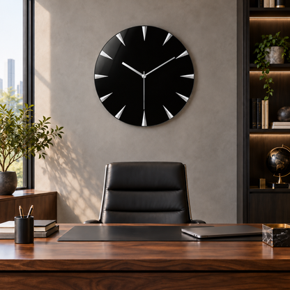 Gümüş kollu minimalist siyah cam duvar saati – Premium ofis