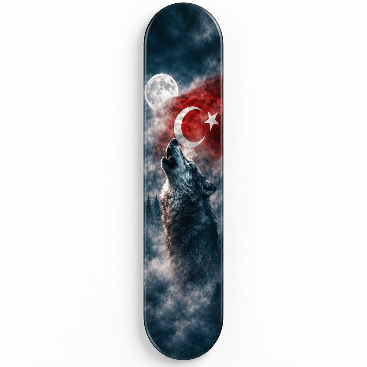Dolunay ve Türk Bayrağı Altında Kurt Dikey Skate Board Cam Tablo – Beyaz fonda ön görünüm
