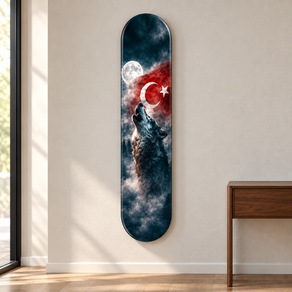Dolunay ve Türk Bayrağı Altında Kurt Dikey Skate Board Cam Tablo – Antrede görünüm