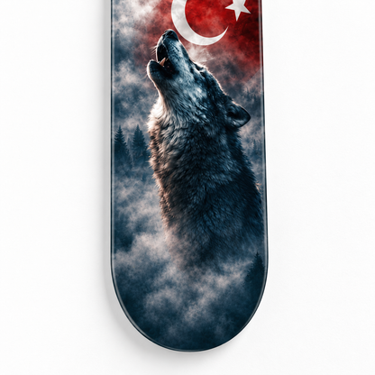 Dolunay ve Türk Bayrağı Altında Kurt Dikey Skate Board Cam Tablo – Yuvarlak cam kenar detayı