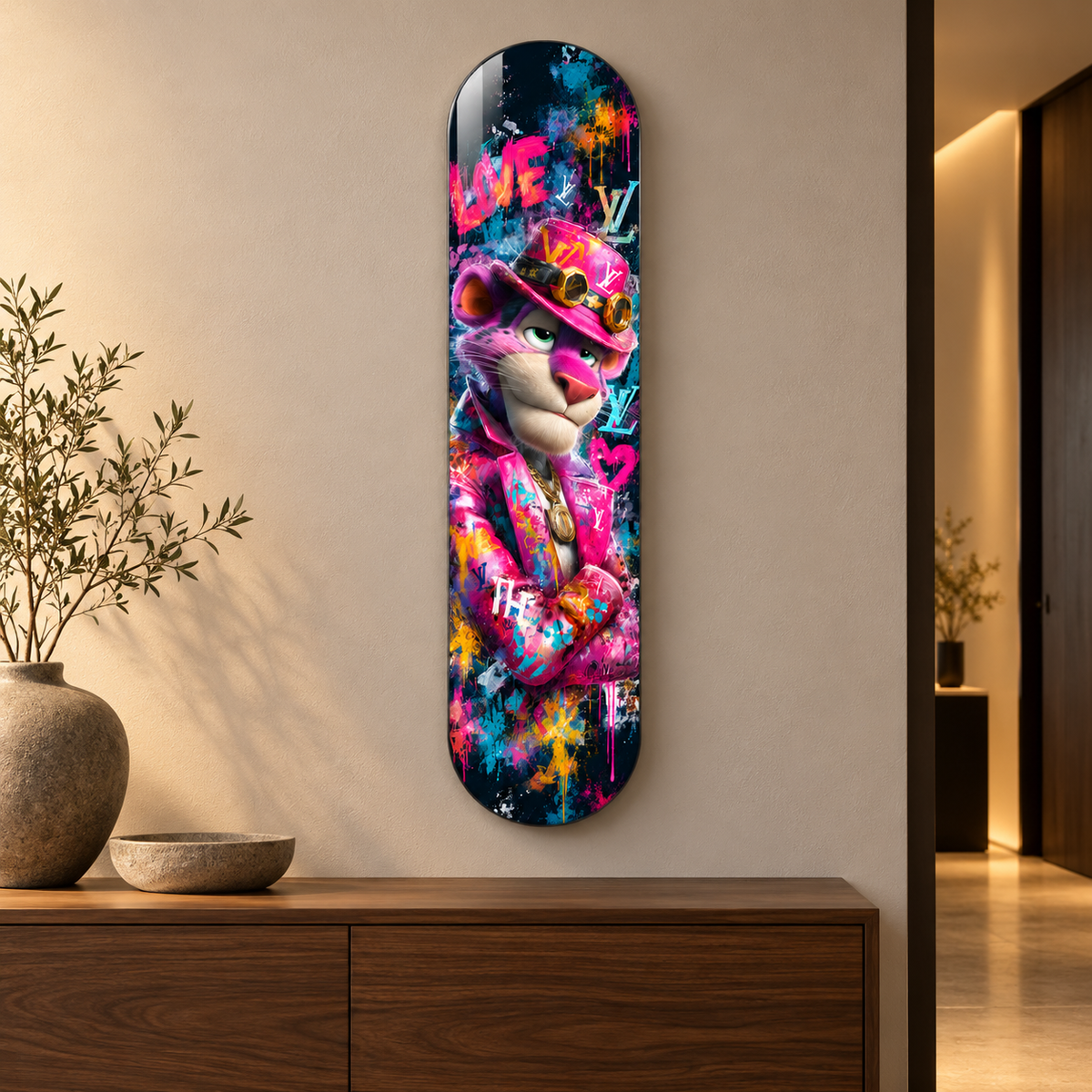 Pembe Şapkalı Grafiti Panter Dikey Skate Board Cam Tablo - konsol