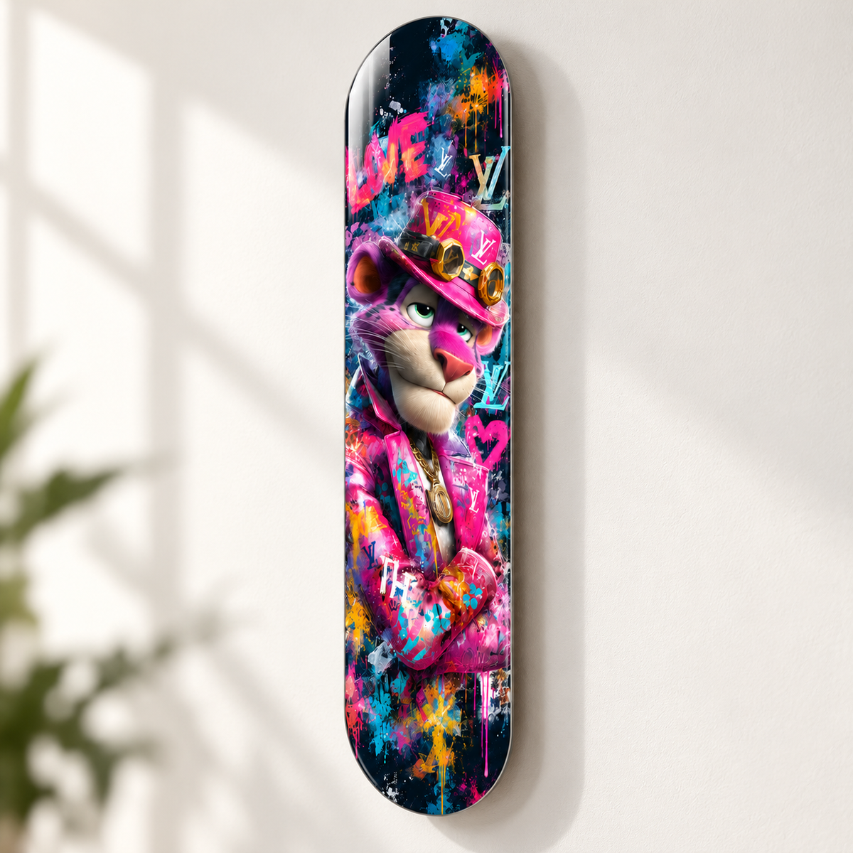 Pembe Şapkalı Grafiti Panter Dikey Skate Board Cam Tablo - duvar-mesafesi