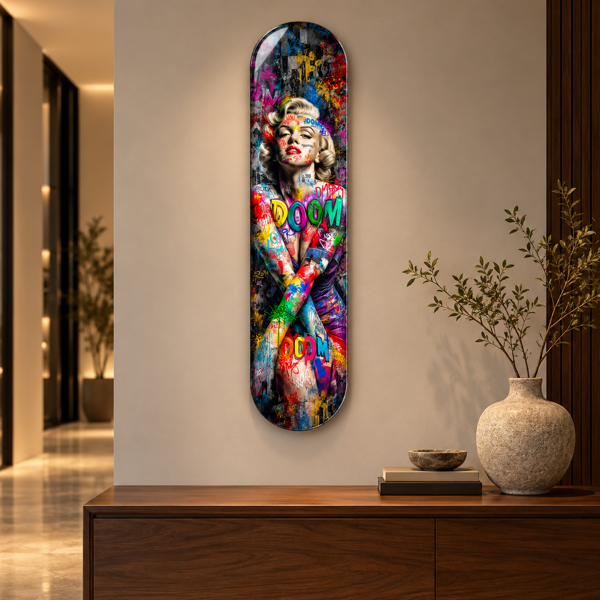 Renkli Grafiti Marilyn Portresi Dikey Skate Board Cam Tablo - konsol