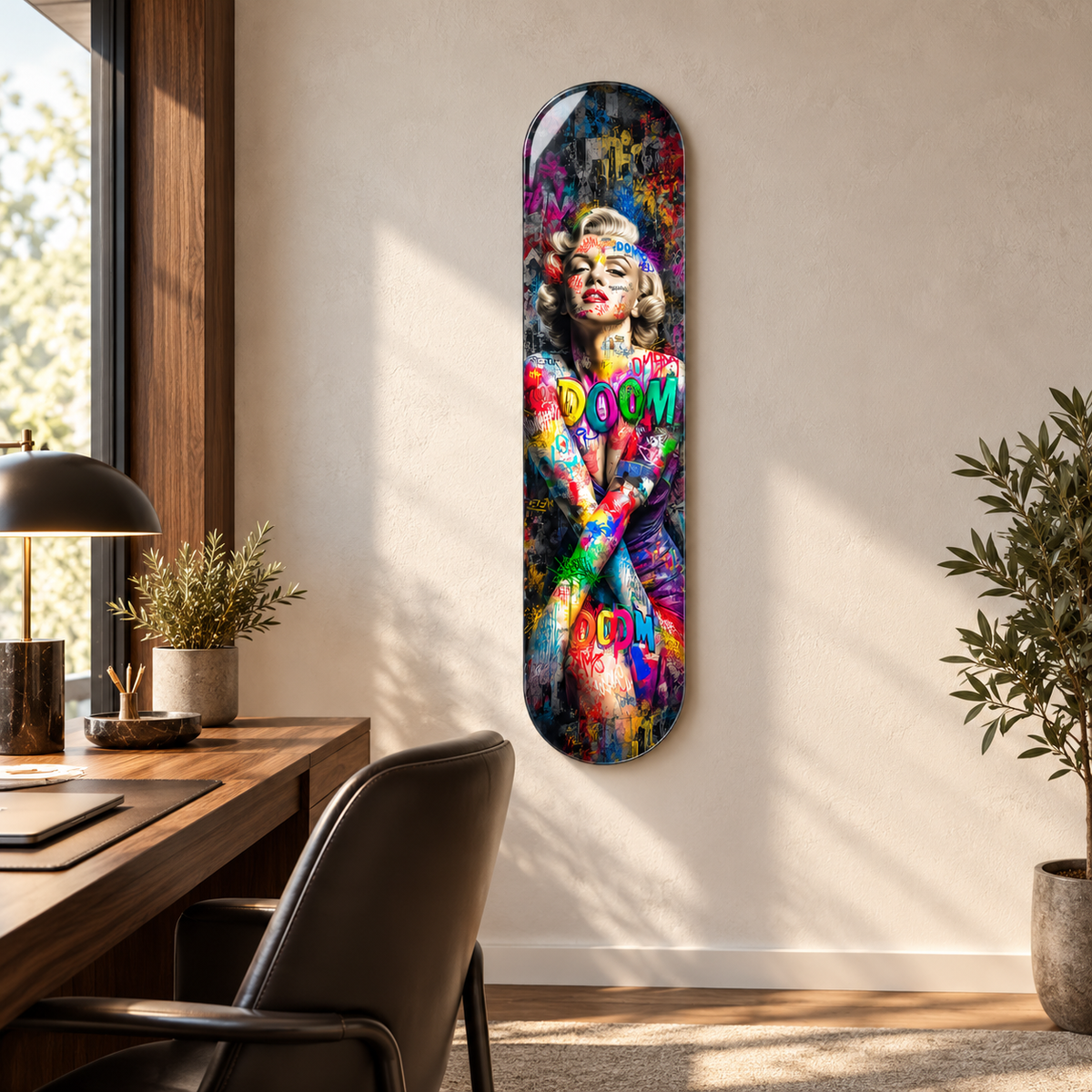 Renkli Grafiti Marilyn Portresi Dikey Skate Board Cam Tablo - ofis