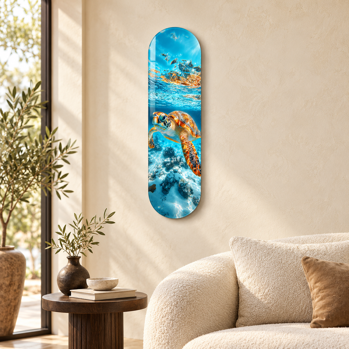Turkuaz Sularda Deniz Kaplumbağası Dikey Skate Board Cam Tablo - salon