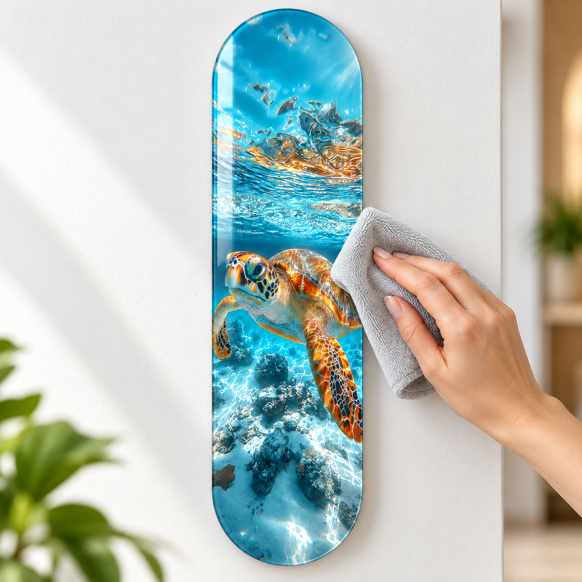 Turkuaz Sularda Deniz Kaplumbağası Dikey Skate Board Cam Tablo - temizlik
