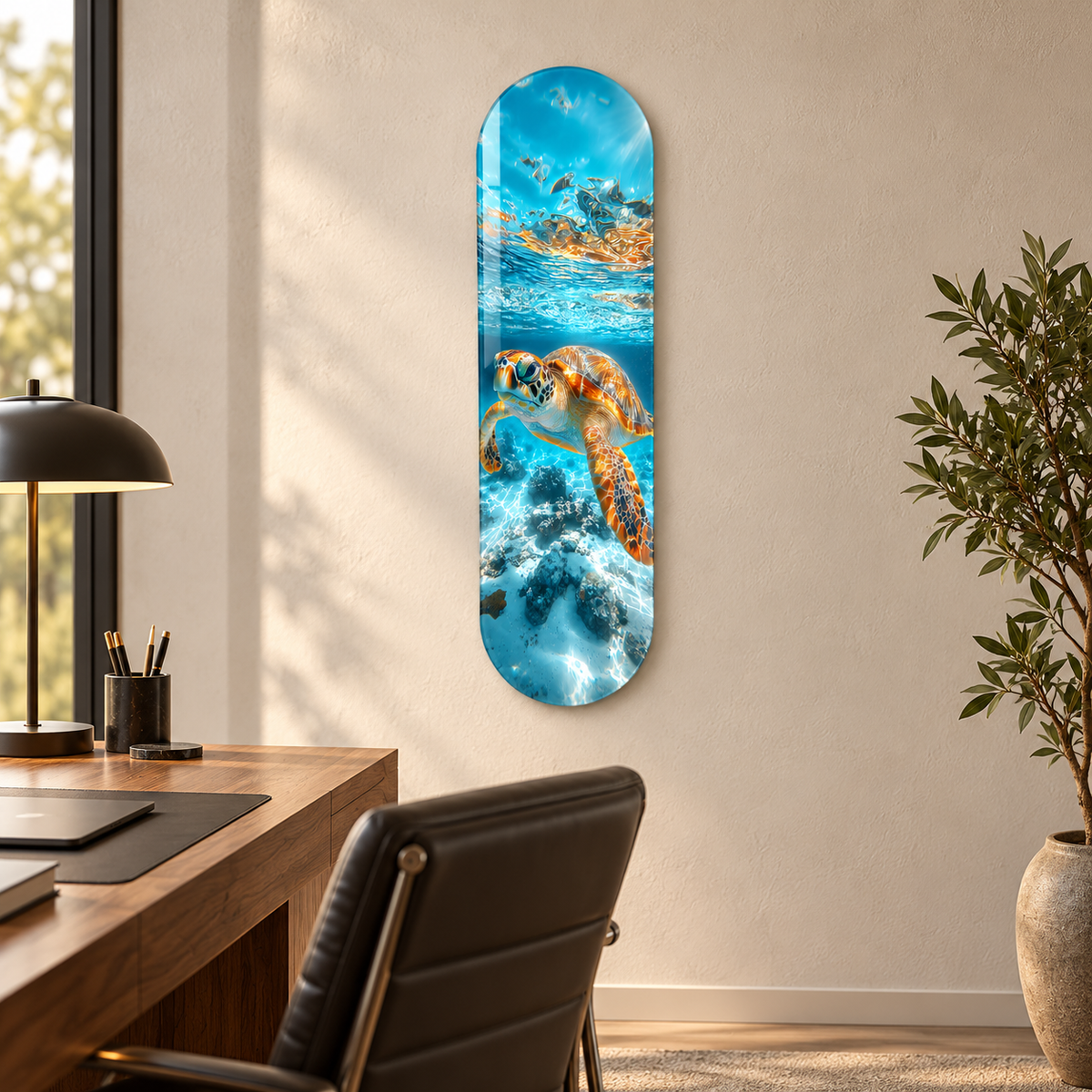 Turkuaz Sularda Deniz Kaplumbağası Dikey Skate Board Cam Tablo - ofis