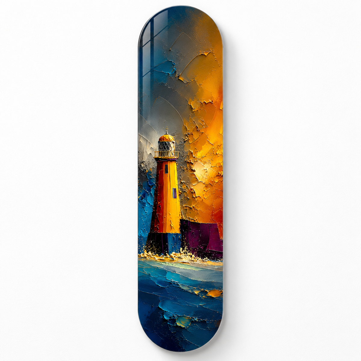 Altın ve Mavi Soyut Deniz Feneri Dikey Skate Board Cam Tablo - katalog