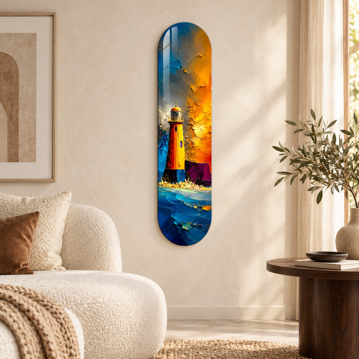 Altın ve Mavi Soyut Deniz Feneri Dikey Skate Board Cam Tablo - salon